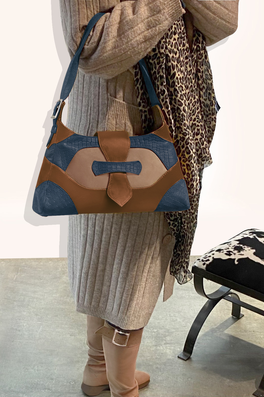 Denim blue, biscuit beige and caramel brown women's dress handbag, matching pumps and belts. Worn view - Florence KOOIJMAN